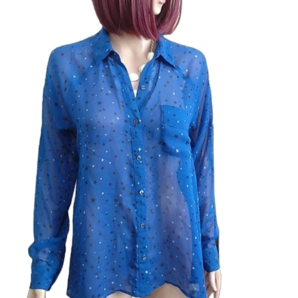 Express Sheer Long Sleeve Blue with Star Print Size Small Petite - Picture 1 of 8